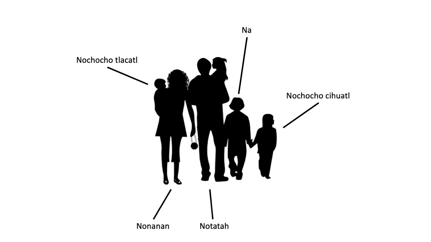 Miembros de la familia en Nahuatl. Na, nochocho tlacatl, nonanan, notatah, nochocho cihuatl.